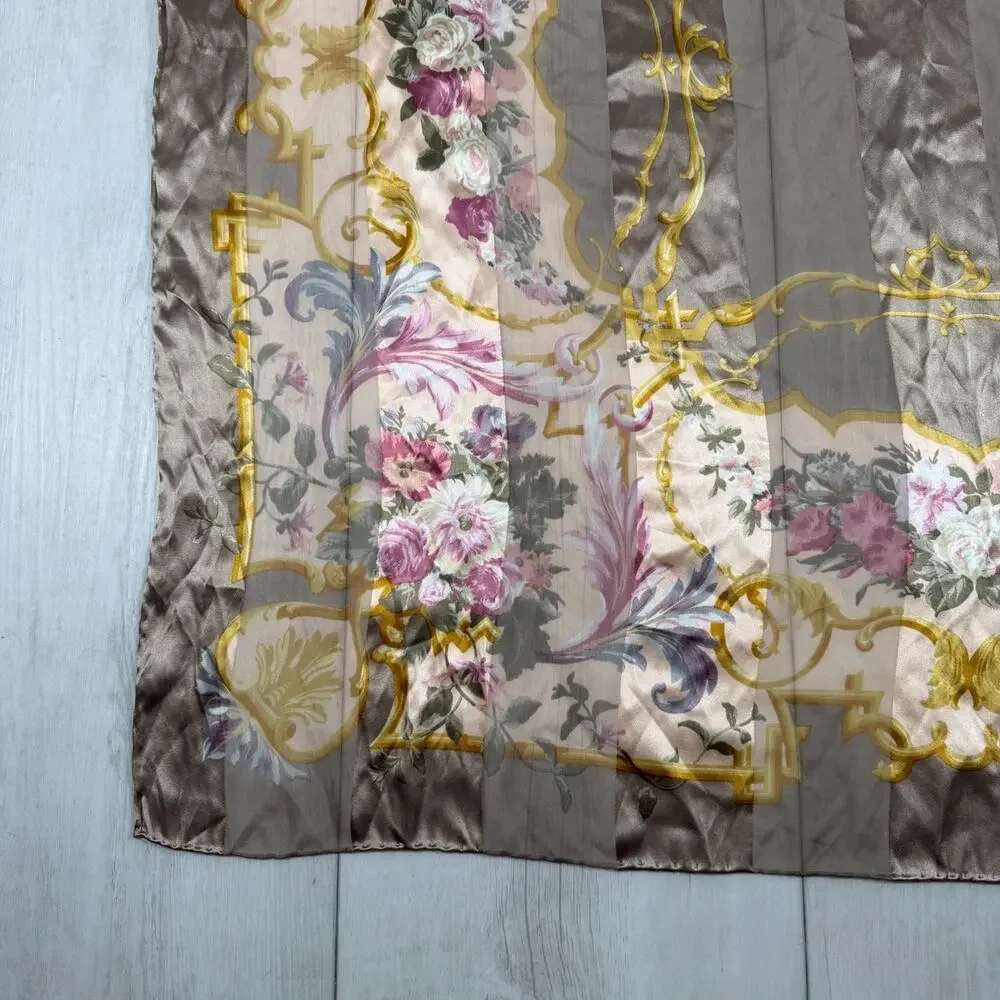 VALENTINO Brown Golden Striped Silk w/ logo Floral Print Vintage Scarf 33x34